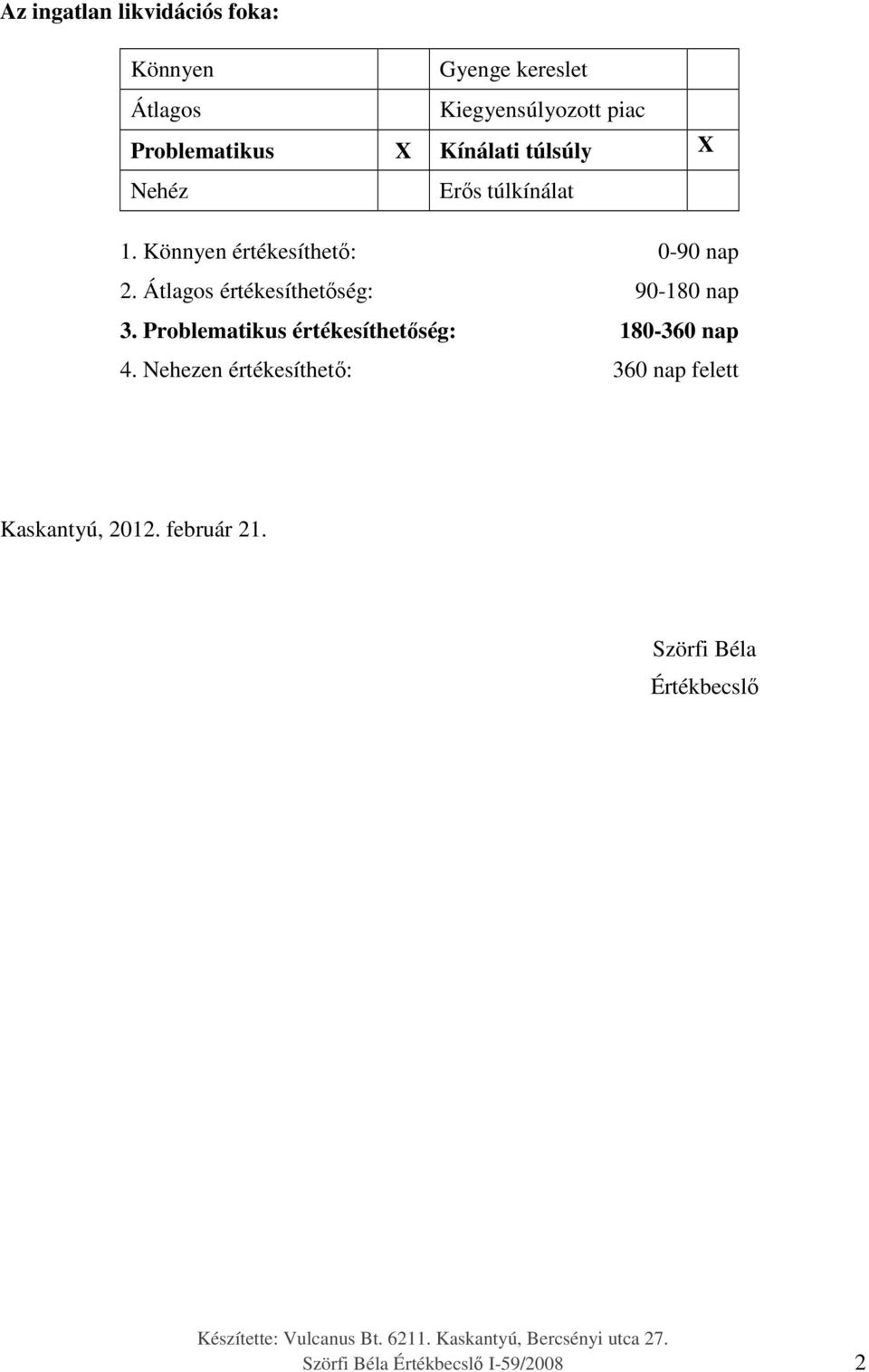 Átlagos értékesíthetőség: 90-180 nap 3. Problematikus értékesíthetőség: 180-360 nap 4.