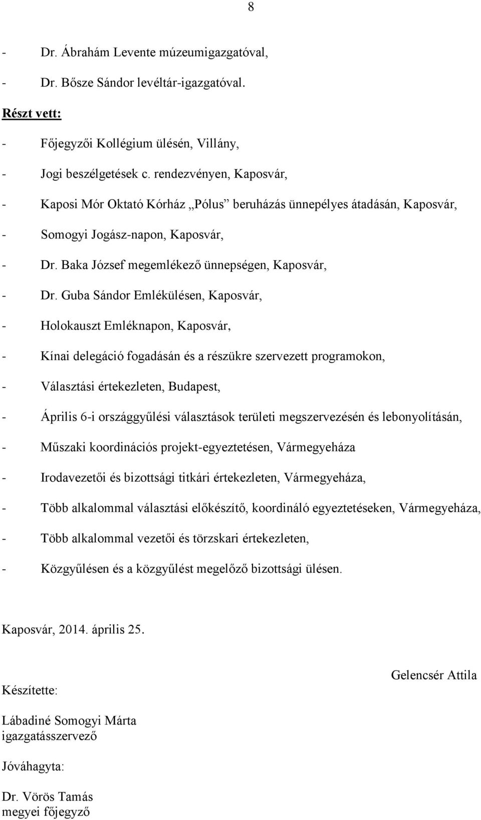 Guba Sándor Emlékülésen, Kaposvár, - Holokauszt Emléknapon, Kaposvár, - Kínai delegáció fogadásán és a részükre szervezett programokon, - Választási értekezleten, Budapest, - Április 6-i