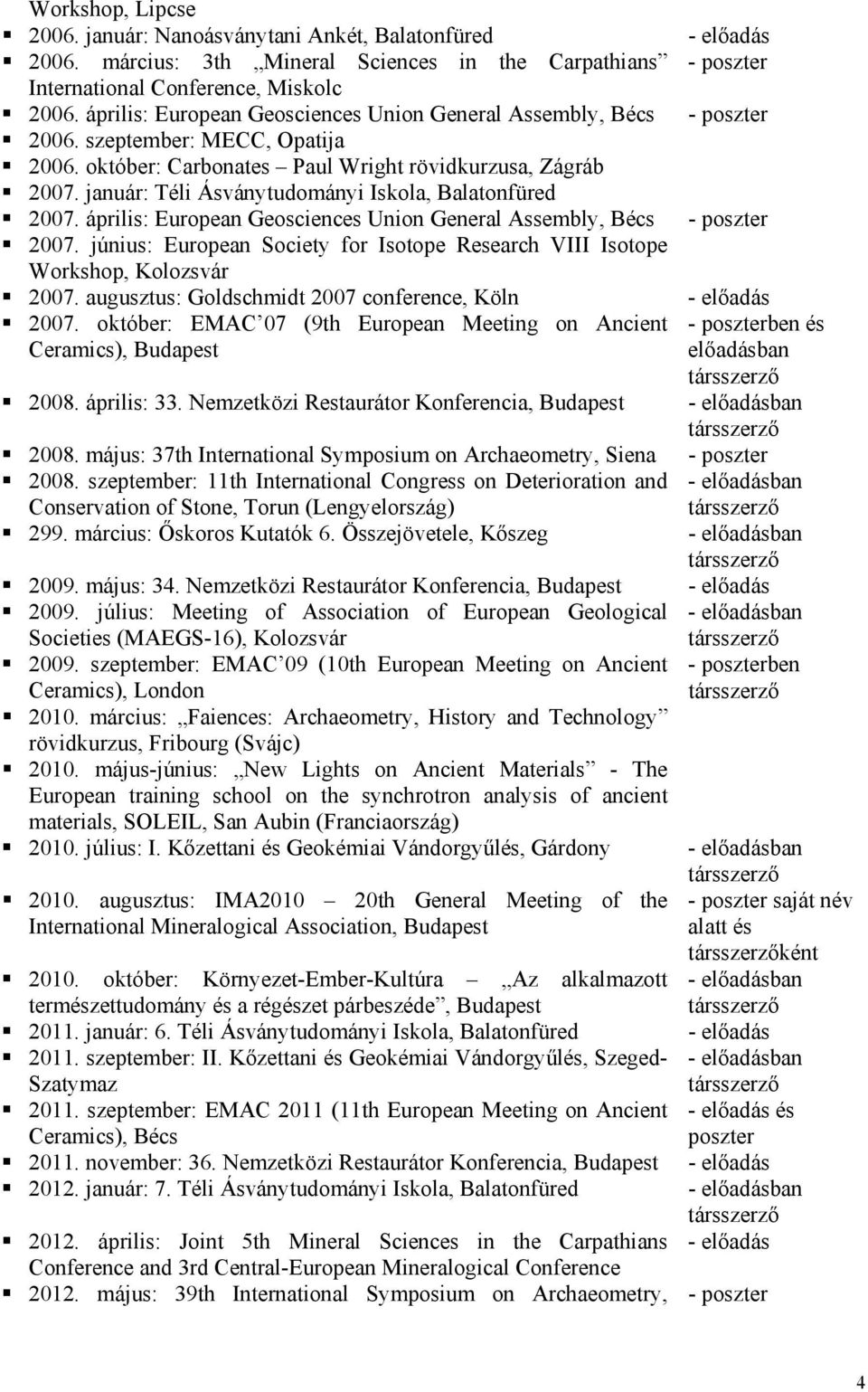 január: Téli Ásványtudományi Iskola, Balatonfüred 2007. április: European Geosciences Union General Assembly, Bécs - poszter 2007.