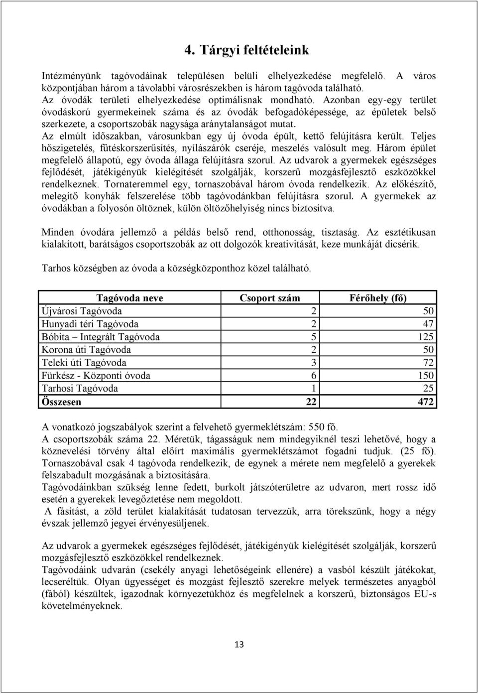 Azonban egy-egy terület óvodáskorú gyermekeinek száma és az óvodák befogadóképessége, az épületek belső szerkezete, a csoportszobák nagysága aránytalanságot mutat.