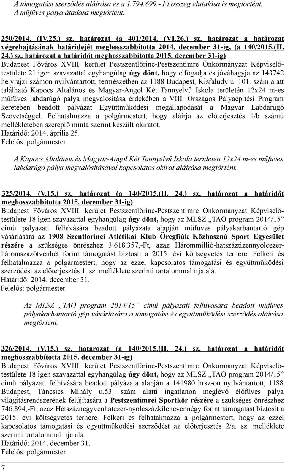 december 31-ig) 21 igen szavazattal egyhangúlag úgy dönt, hogy elfogadja és jóváhagyja az 143742 helyrajzi számon nyilvántartott, természetben az 1188 Budapest, Kisfaludy u. 101.