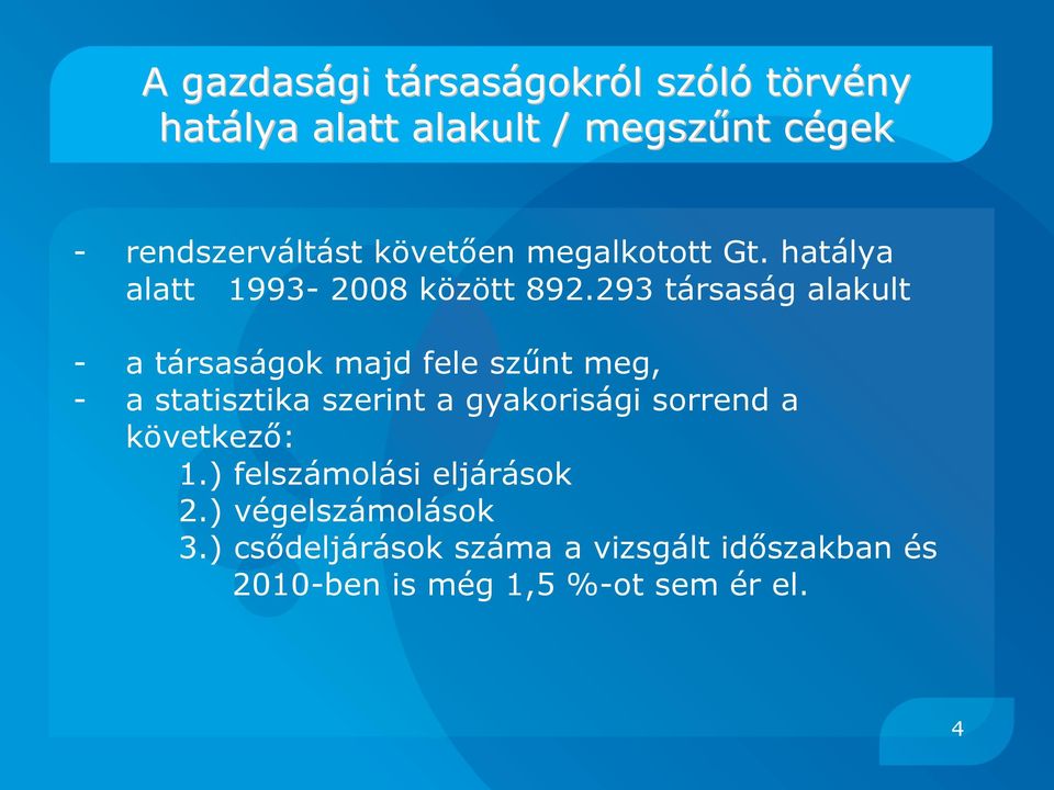 293 társaság alakult - a társaságok majd fele szűnt meg, - a statisztika szerint a gyakorisági