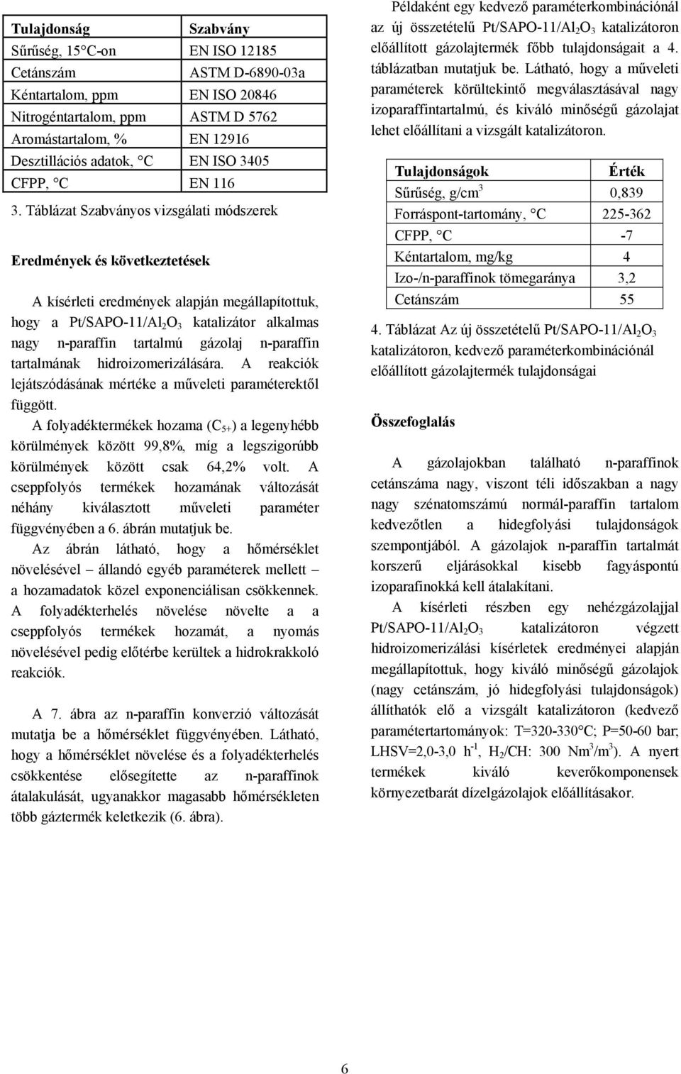 Táblázat Szabványos vizsgálati módszerek Eredmények és következtetések A kísérleti eredmények alapján megállapítottuk, hogy a Pt/SAPO-11/Al 2 O 3 katalizátor alkalmas nagy n-paraffin tartalmú gázolaj