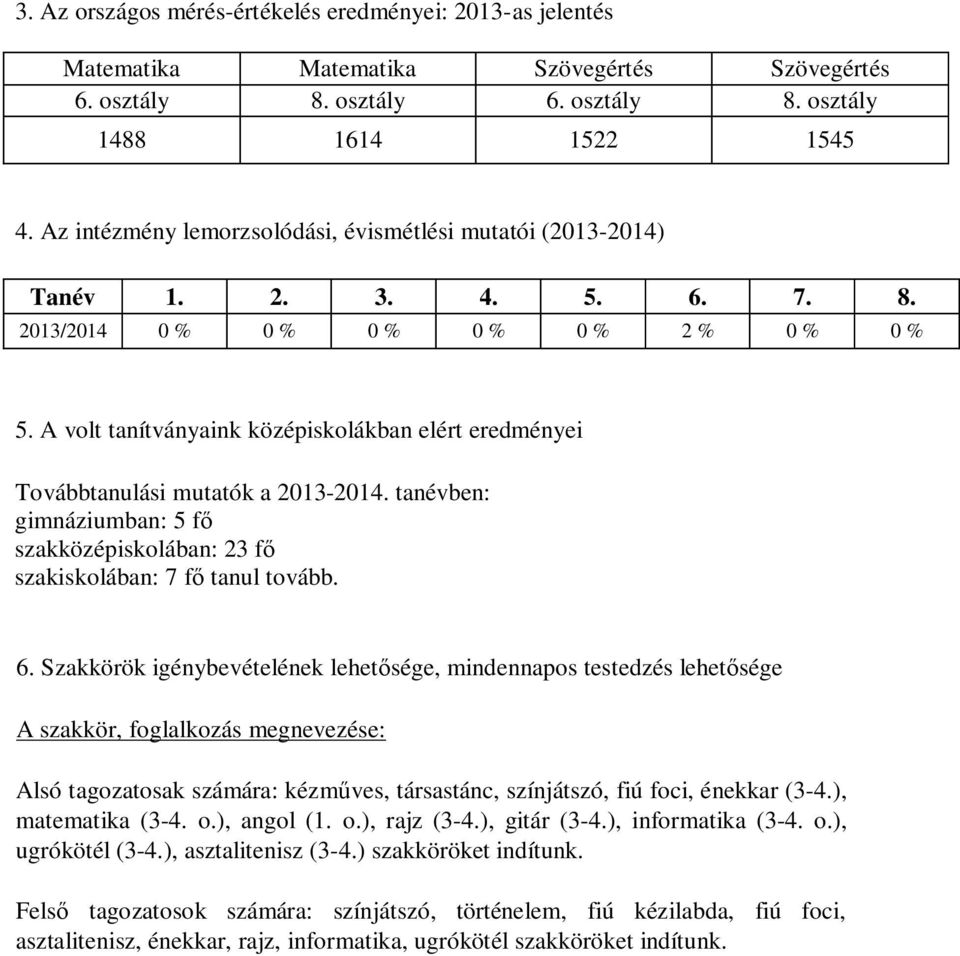 A volt tanítványaink középiskolákban elért eredményei Továbbtanulási mutatók a 2013-2014. tanévben: gimnáziumban: 5 fő szakközépiskolában: 23 fő szakiskolában: 7 fő tanul tovább. 6.