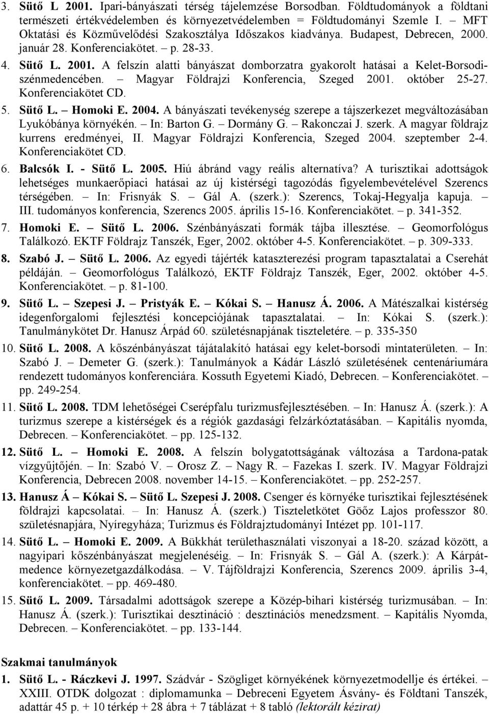 A felszín alatti bányászat domborzatra gyakorolt hatásai a Kelet-Borsodiszénmedencében. Magyar Földrajzi Konferencia, Szeged 2001. október 25-27. Konferenciakötet CD. 5. Sütő L. Homoki E. 2004.
