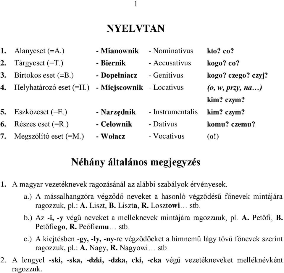 Megszólító eset (=M.) - Wołacz - Vocativus (o!) Néhány általános megjegyzés 1. A magyar vezetéknevek ragozásánál az