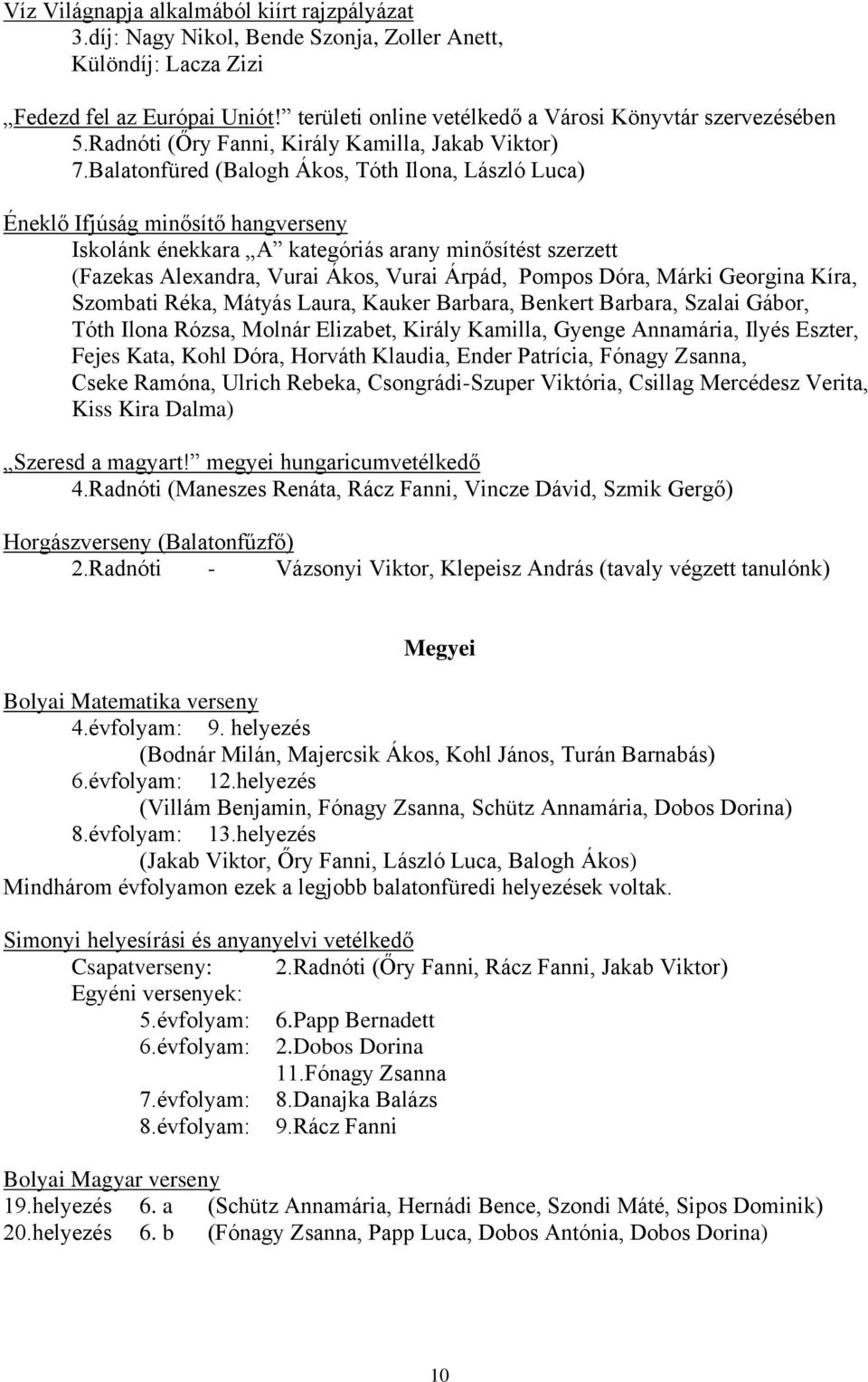 Balatonfüred (Balogh Ákos, Tóth Ilona, László Luca) Éneklő Ifjúság minősítő hangverseny Iskolánk énekkara A kategóriás arany minősítést szerzett (Fazekas Alexandra, Vurai Ákos, Vurai Árpád, Pompos
