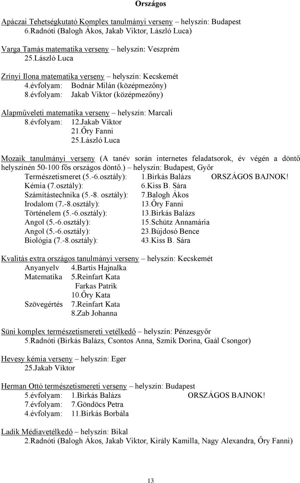 évfolyam: 12.Jakab Viktor 21.Őry Fanni 25.László Luca Mozaik tanulmányi verseny (A tanév során internetes feladatsorok, év végén a döntő helyszínén 50-100 fős országos döntő.