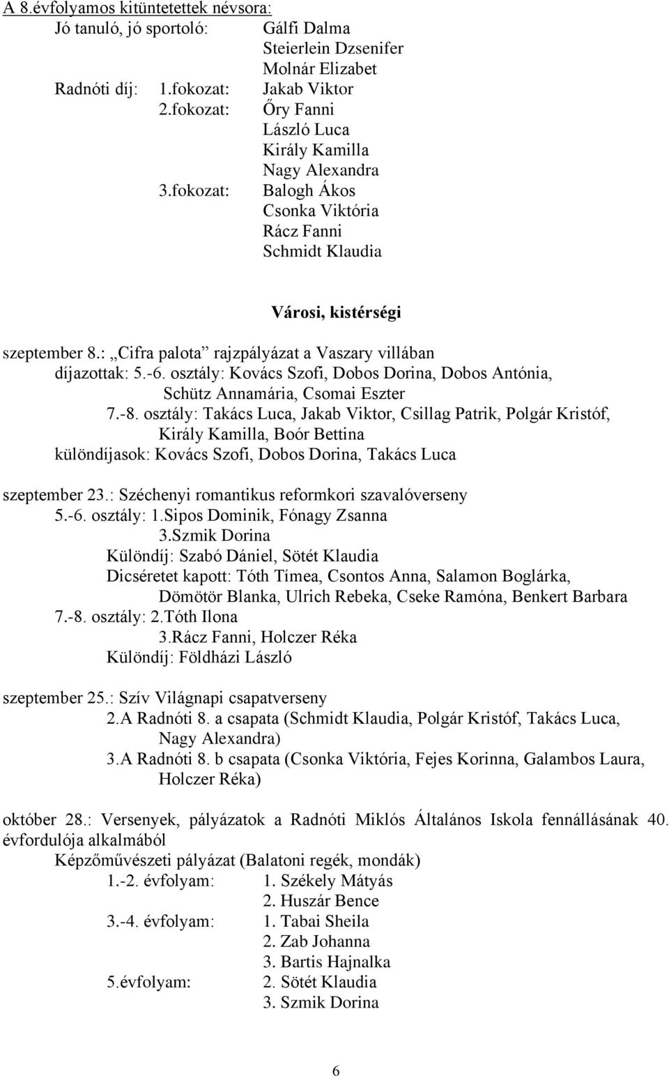 : Cifra palota rajzpályázat a Vaszary villában díjazottak: 5.-6. osztály: Kovács Szofi, Dobos Dorina, Dobos Antónia, Schütz Annamária, Csomai Eszter 7.-8.