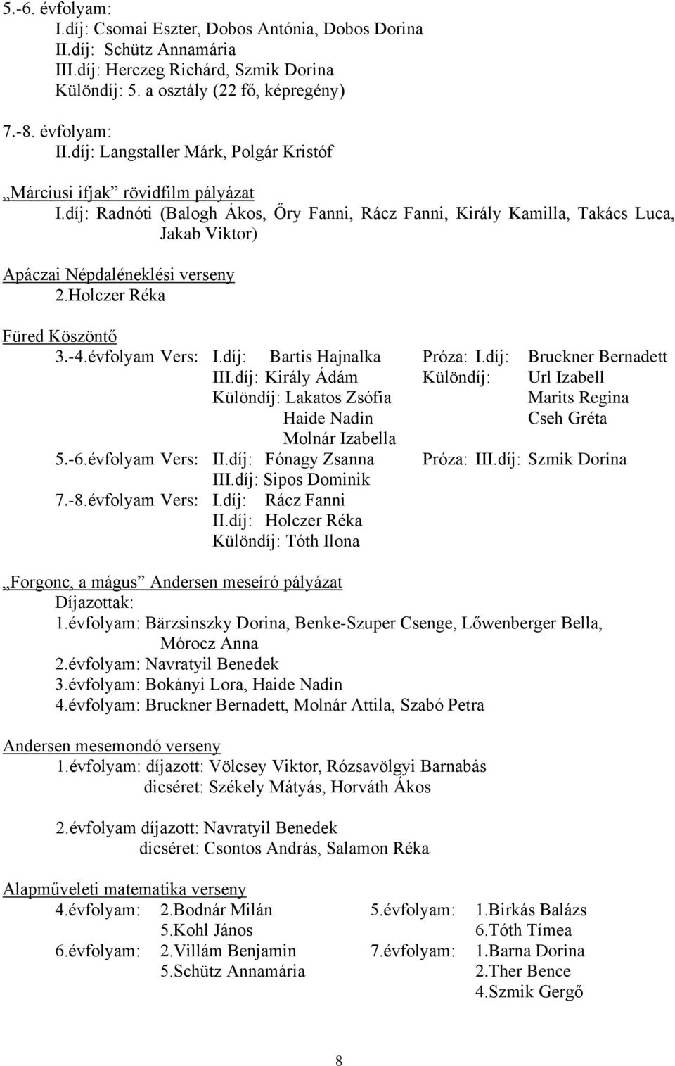 Holczer Réka Füred Köszöntő 3.-4.évfolyam Vers: I.díj: Bartis Hajnalka Próza: I.díj: Bruckner Bernadett III.