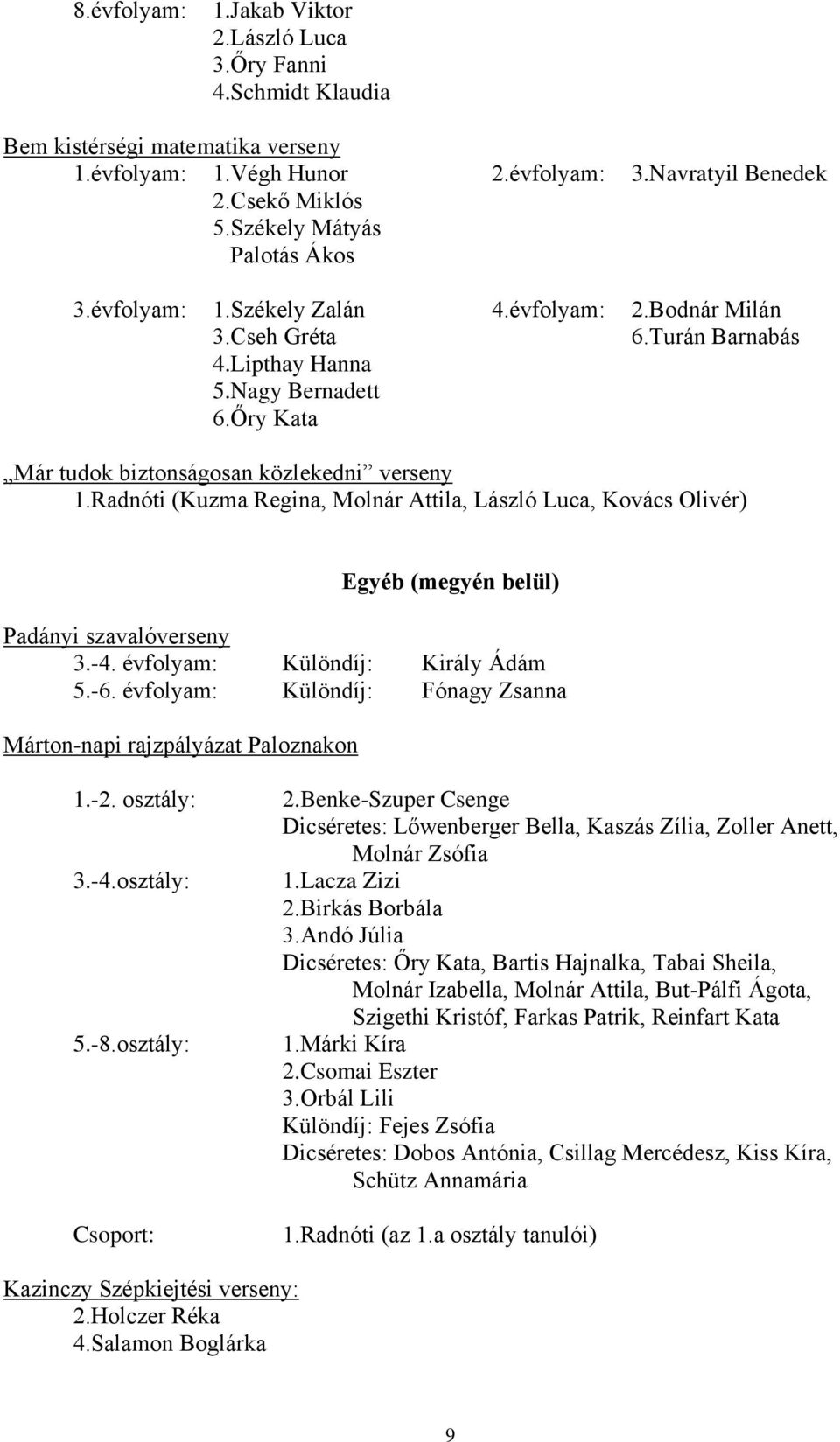 Őry Kata Már tudok biztonságosan közlekedni verseny 1.Radnóti (Kuzma Regina, Molnár Attila, László Luca, Kovács Olivér) Egyéb (megyén belül) Padányi szavalóverseny 3.-4.
