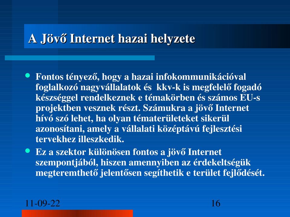 Számukra a jövő Internet hívó szó lehet, ha olyan tématerületeket sikerül azonosítani, amely a vállalati középtávú fejlesztési