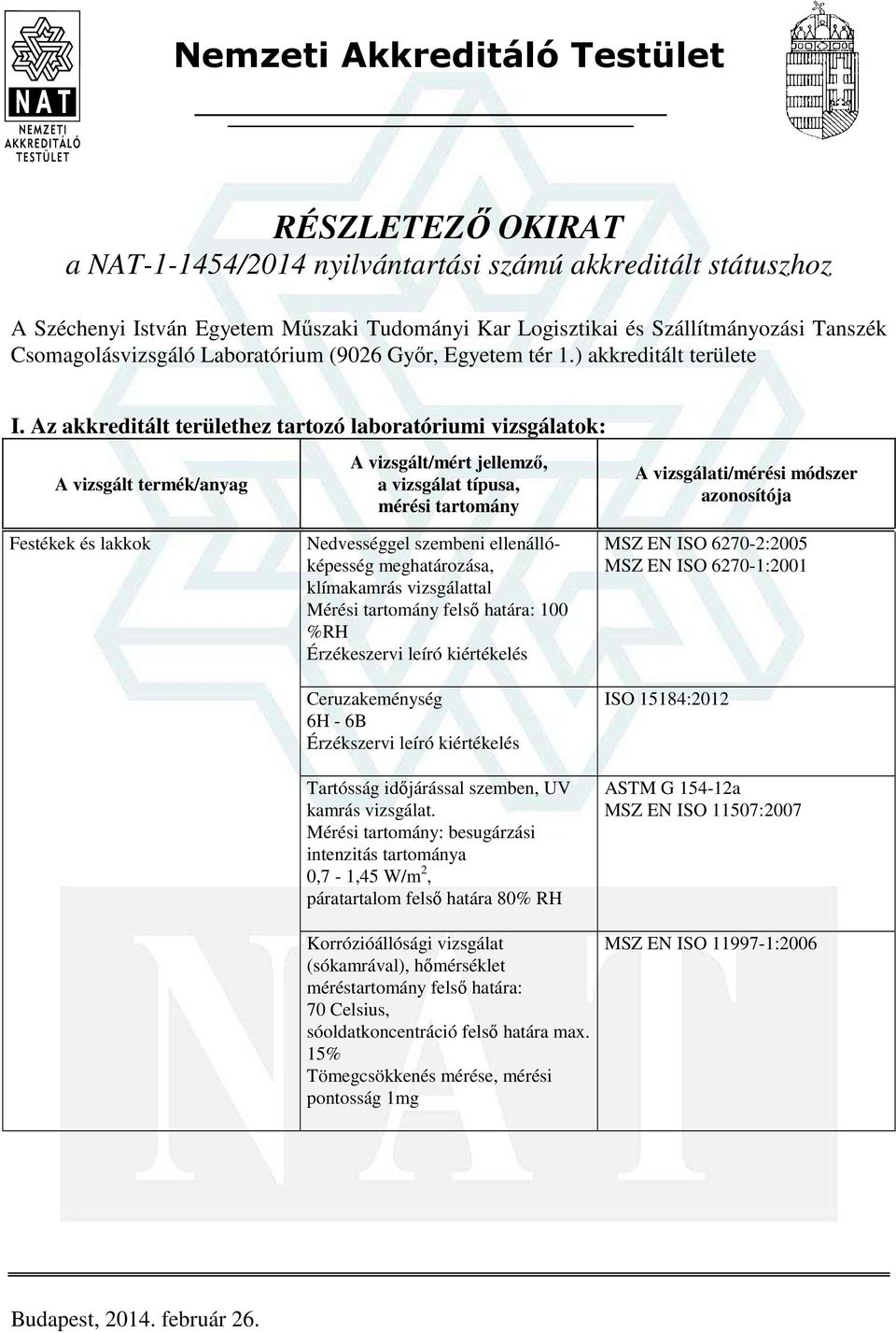 Az akkreditált területhez tartozó laboratóriumi vizsgálatok: Festékek és lakkok Nedvességgel szembeni ellenállóképesség meghatározása, klímakamrás vizsgálattal Mérési tartomány felső határa: 100 %RH