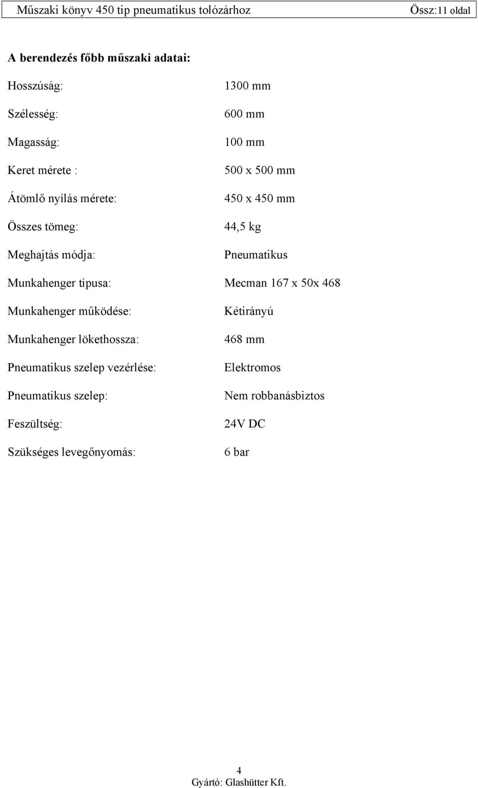 típusa: Mecman 167 x 50x 468 Munkahenger működése: Munkahenger lökethossza: Pneumatikus szelep vezérlése: