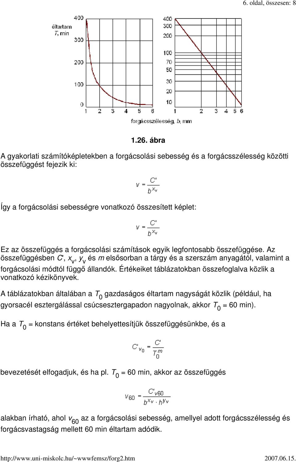 forgácsolási számítások egyik legfontosabb összefüggése. Az összefüggésben C', x v, y v és m elsısorban a tárgy és a szerszám anyagától, valamint a forgácsolási módtól függı állandók.