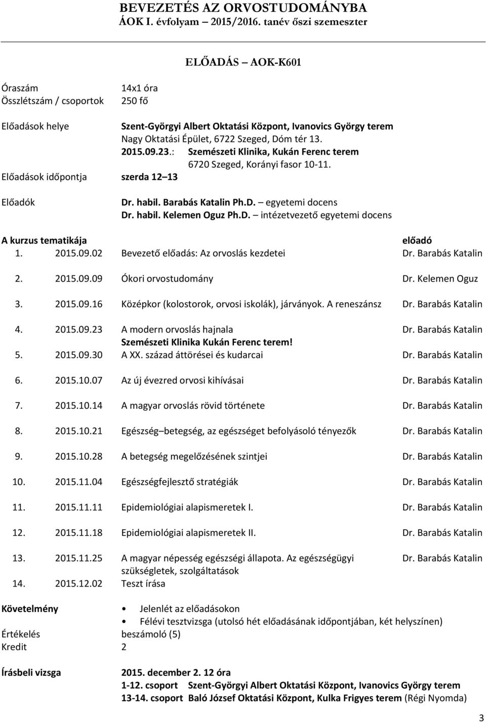 2015.09.02 Bevezető előadás: Az orvoslás kezdetei 2. 2015.09.09 Ókori orvostudomány Dr. Kelemen Oguz 3. 2015.09.16 Középkor (kolostorok, orvosi iskolák), járványok. A reneszánsz 4. 2015.09.23 A modern orvoslás hajnala Szemészeti Klinika Kukán Ferenc terem!