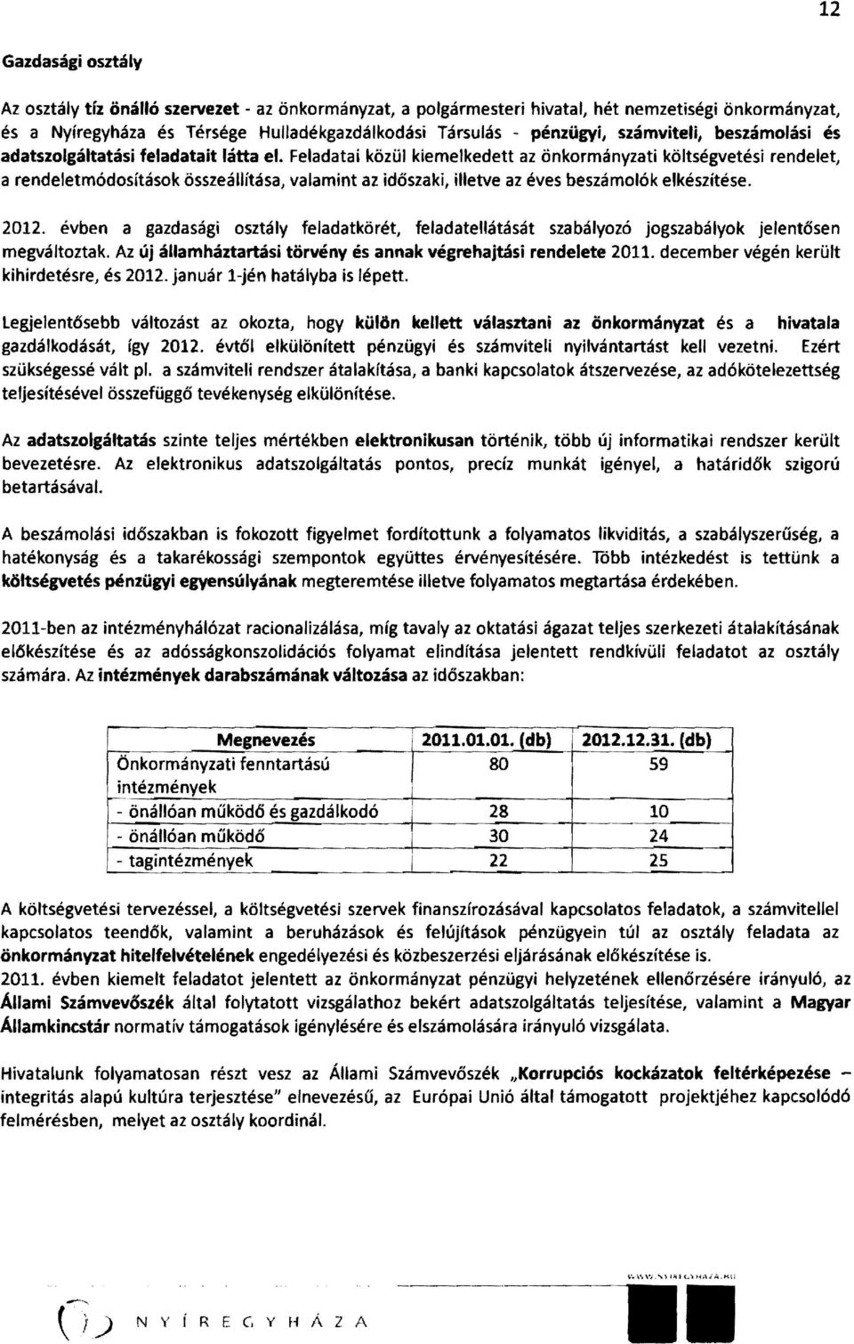 Feladatai közül kiemelkedett az önkormányzati költségvetési rendelet, a rendeletmódosítások összeállítása, valamint az időszaki, illetve az éves beszámolók elkészítése. 2012.