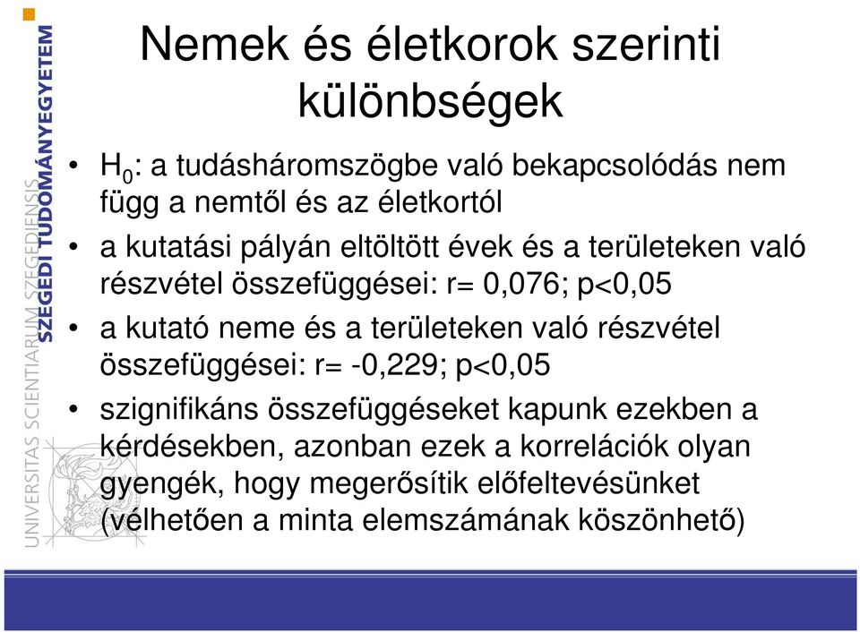 területeken való részvétel összefüggései: r= -0,229; p<0,05 szignifikáns összefüggéseket kapunk ezekben a kérdésekben,