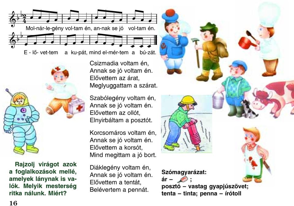 Rajzolj virágot azok a foglalkozások mellé, amelyek lánynak is valók. Melyik mesterség ritka nálunk. Miért? 16 Korcsomáros voltam én, Annak se jó voltam én.