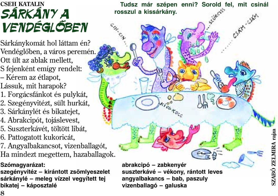 Abrakcipót, tojáslevest, 5. Suszterkávét, töltött libát, 6. Pattogatott kukoricát, 7. Angyalbakancsot, vizenballagót, Ha mindezt megettem, hazaballagok.