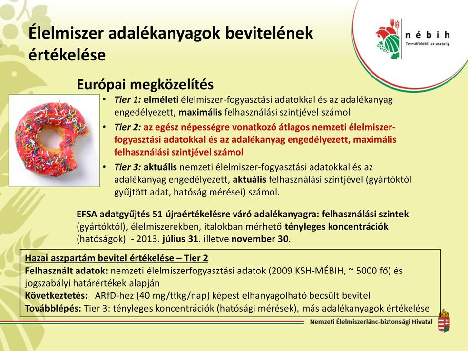 élelmiszer-fogyasztási adatokkal és az adalékanyag engedélyezett, aktuális felhasználási szintjével (gyártóktól gyűjtött adat, hatóság mérései) számol.