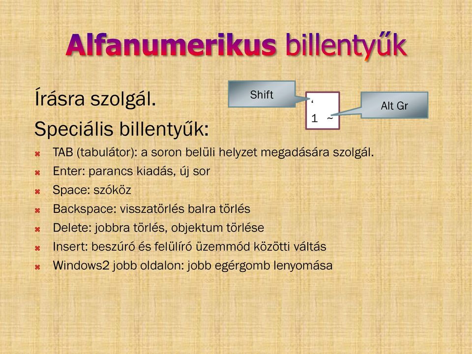 Enter: parancs kiadás, új sor Space: szóköz Backspace: visszatörlés balra törlés