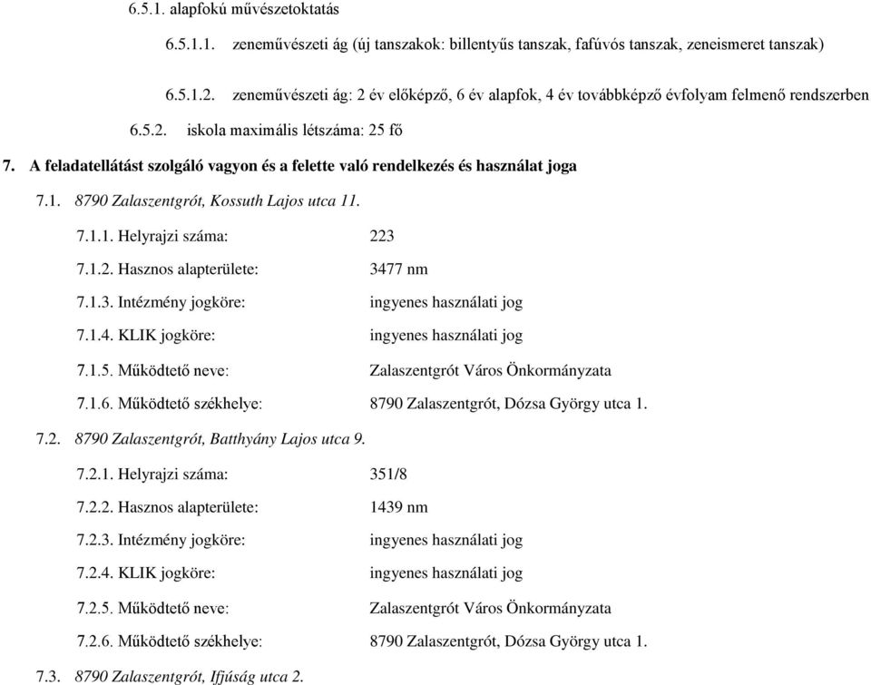 A feladatellátást szolgáló vagyon és a felette való rendelkezés és használat joga 7.1. 8790 Zalaszentgrót, Kossuth Lajos utca 11. 7.1.1. Helyrajzi száma: 223 