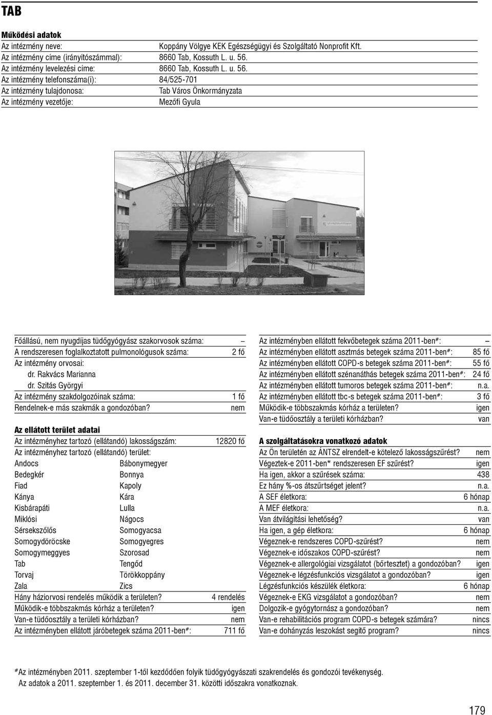Az intézmény telefonszáma(i): 84/525-701 Tab Város Önkormányzata Mezõfi Gyula Fõállású, nyugdíjas tüdõgyógyász szakorvosok száma: A rendszeresen foglalkoztatott pulmonológusok száma: 2 fõ dr.