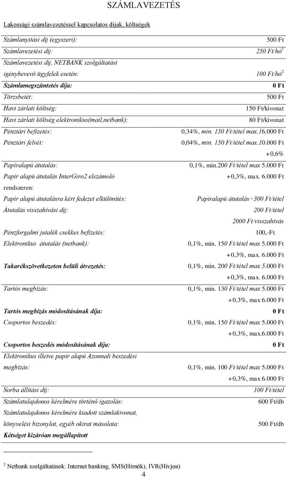 00 Pénztári felvét: 0,04%, min. 15/tétel max.10.00 +0,6% Papíralapú átutalás: 0,1%, min.20/tétel max 5.00 Papír alapú átutalás InterGiro2 elszámoló +0,3%, max. 6.