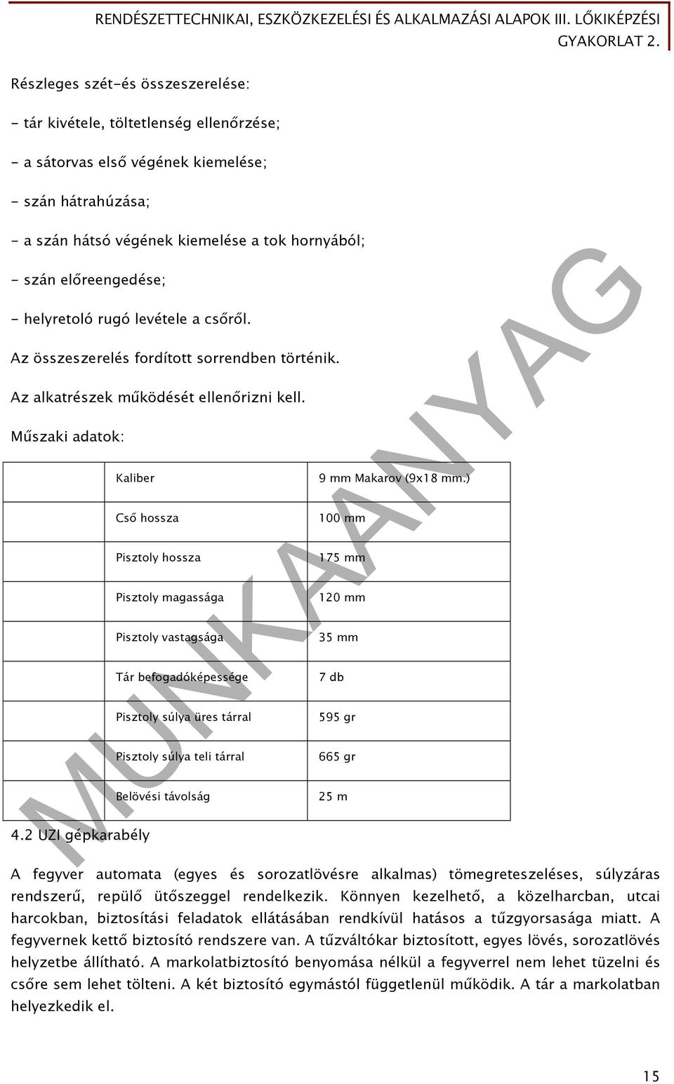 2 UZI gépkarabély Pisztoly hossza Pisztoly magassága Pisztoly vastagsága Tár befogadóképessége Pisztoly súlya üres tárral Pisztoly súlya teli tárral Belövési távolság 9 mm Makarov (9x18 mm.