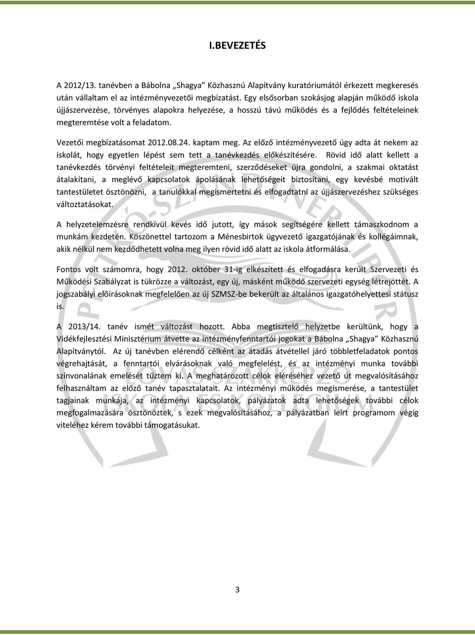 Vezetői megbízatásomat 2012.08.24. kaptam meg. Az előző intézményvezető úgy adta át nekem az iskolát, hogy egyetlen lépést sem tett a tanévkezdés előkészítésére.