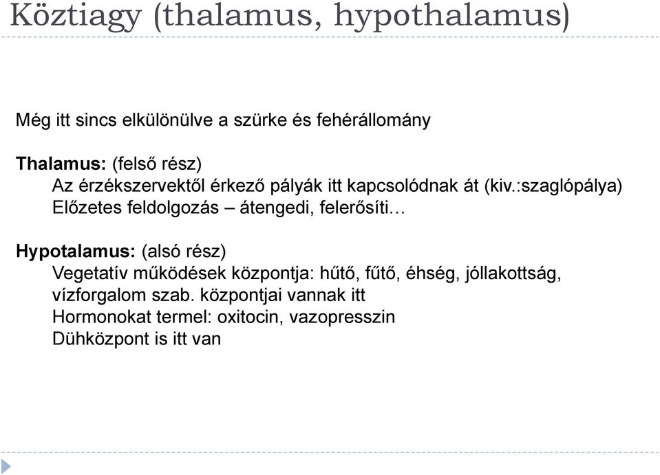 :szaglópálya) Előzetes feldolgozás átengedi, felerősíti Hypotalamus: (alsó rész) Vegetatív működések