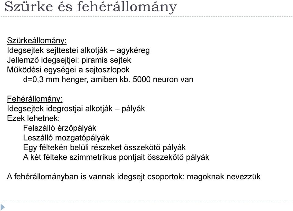 5000 neuron van Fehérállomány: Idegsejtek idegrostjai alkotják pályák Ezek lehetnek: Felszálló érzőpályák Leszálló