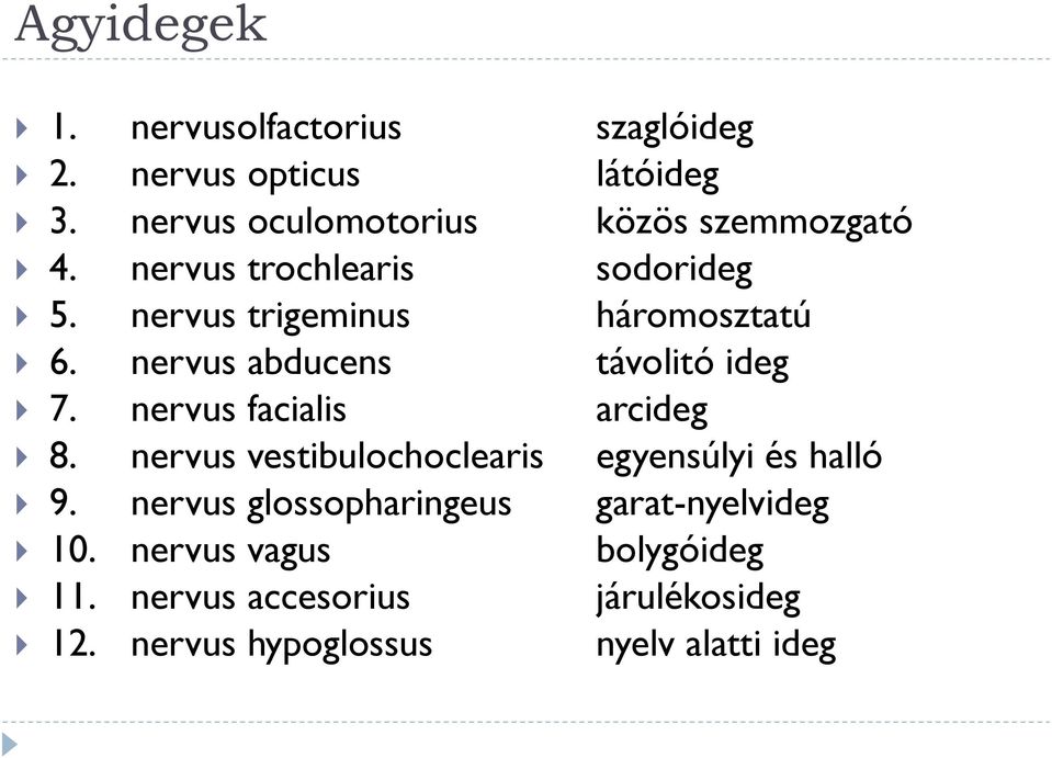 nervus abducens távolitó ideg 7. nervus facialis arcideg 8. nervus vestibulochoclearis egyensúlyi és halló 9.