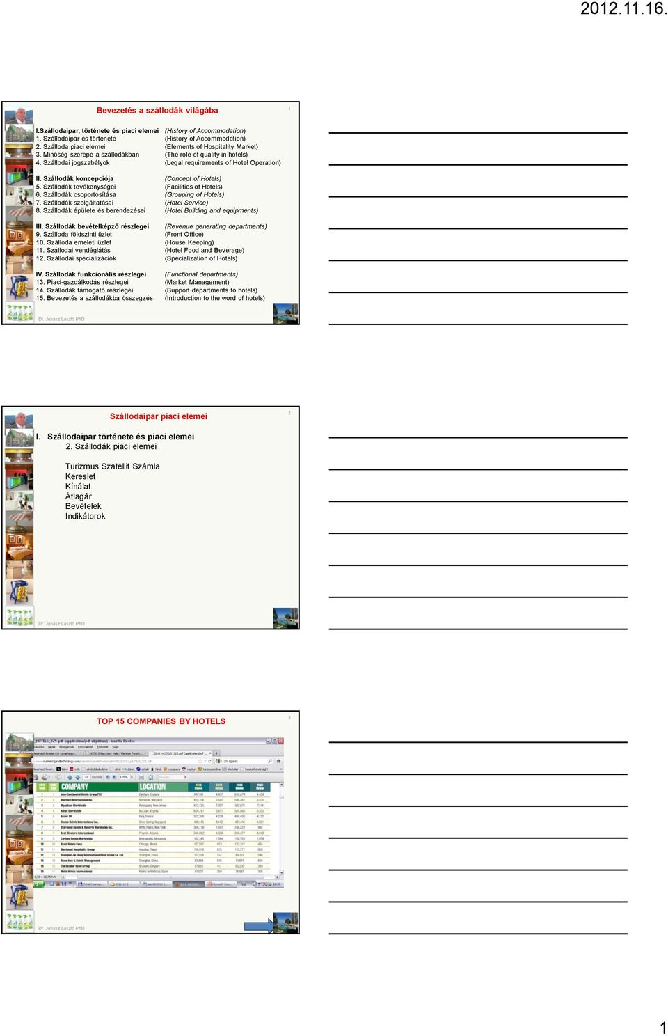 Szállodák koncepciója (Concept of Hotels) 5. Szállodák tevékenységei (Facilities of Hotels) 6. Szállodák csoportosítása (Grouping of Hotels) 7. Szállodák szolgáltatásai (Hotel Service) 8.