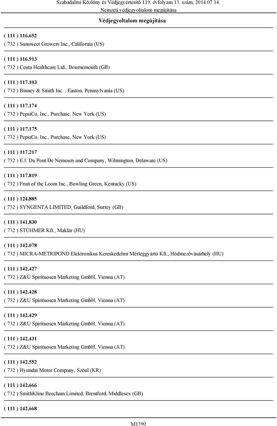 819 ( 732 ) Fruit of the Loom Inc., Bowling Green, Kentucky (US) ( 111 ) 124.885 ( 732 ) SYNGENTA LIMITED, Guildford, Surrey (GB) ( 111 ) 141.830 ( 732 ) STÜHMER Kft., Maklár (HU) ( 111 ) 142.