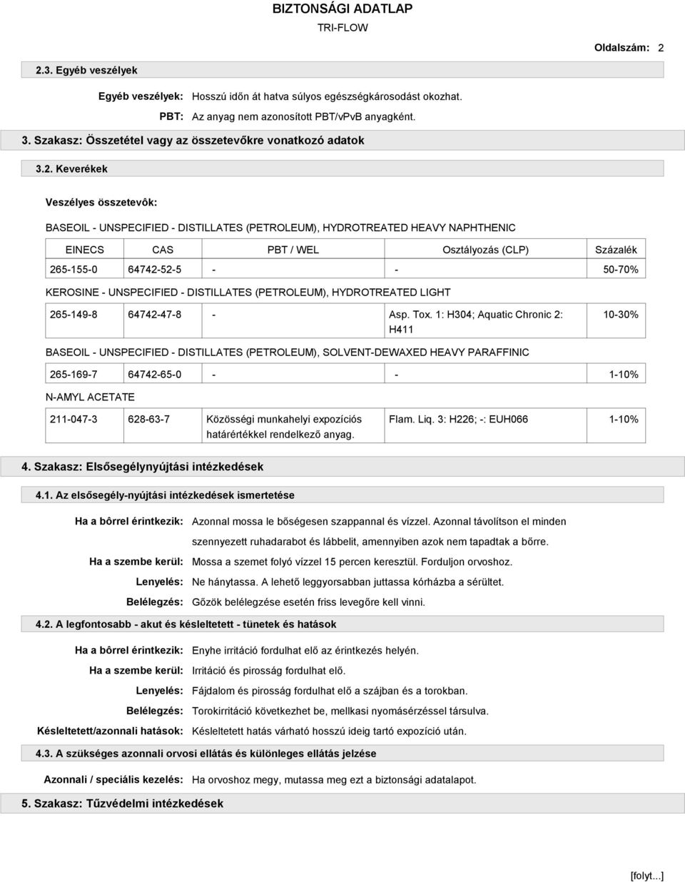 Keverékek Veszélyes összetevôk: BASEOIL - UNSPECIFIED - DISTILLATES (PETROLEUM), HYDROTREATED HEAVY NAPHTHENIC EINECS CAS PBT / WEL Osztályozás (CLP) Százalék 265-155-0 64742-52-5 - - 50-70% KEROSINE