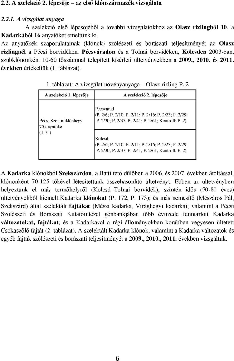 Az anyatőkék szaporulatainak (klónok) szőlészeti és borászati teljesítményét az Olasz rizlingnél a Pécsi borvidéken, Pécsváradon és a Tolnai borvidéken, Kölesden 2003-ban, szubklónonként 10-60