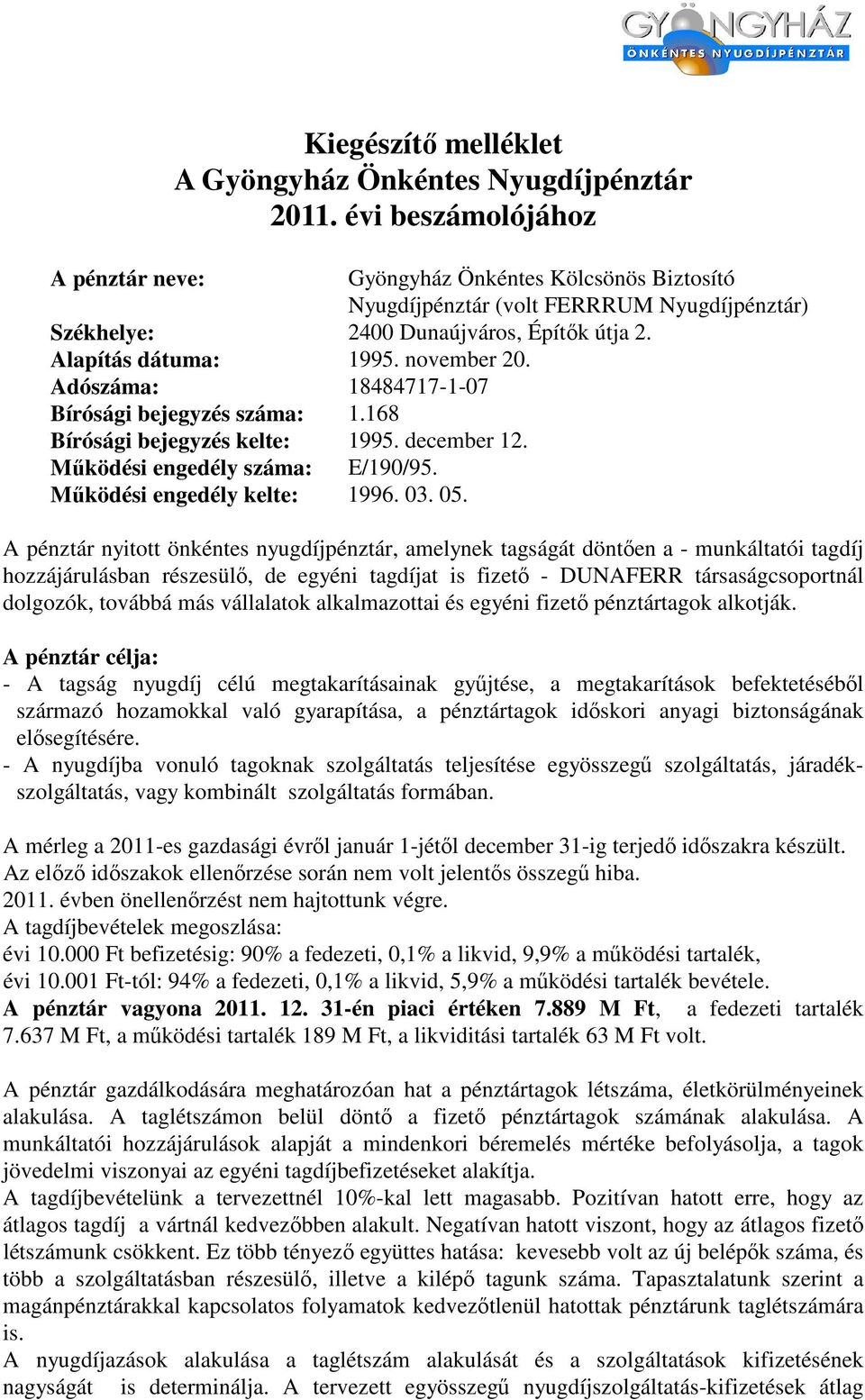 Adószáma: 18484717-1-07 Bírósági bejegyzés száma: 1.168 Bírósági bejegyzés kelte: 1995. december 12. Mőködési engedély száma: E/190/95. Mőködési engedély kelte: 1996. 03. 05.