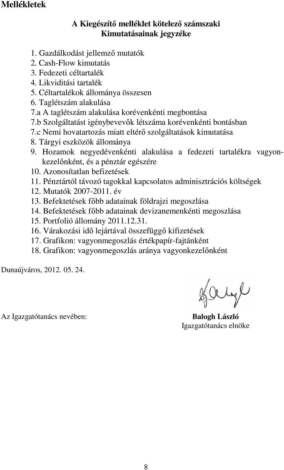 c Nemi hovatartozás miatt eltérı szolgáltatások kimutatása 8. Tárgyi eszközök állománya 9. Hozamok negyedévenkénti alakulása a fedezeti tartalékra vagyonkezelınként, és a pénztár egészére 10.
