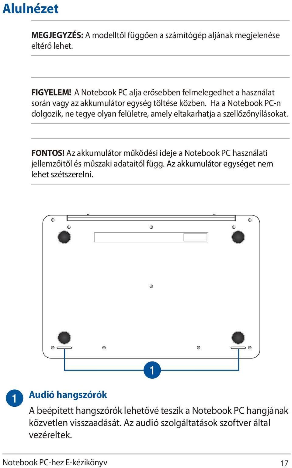 Ha a Notebook PC-n dolgozik, ne tegye olyan felületre, amely eltakarhatja a szellőzőnyílásokat. FONTOS!