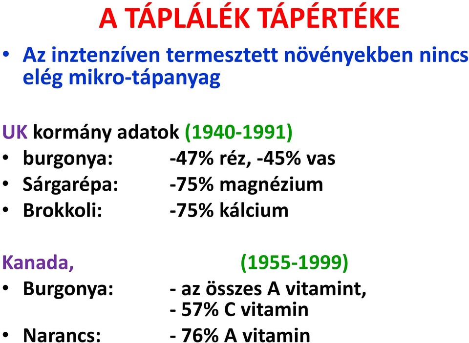 vas Sárgarépa: -75% magnézium Brokkoli: -75% kálcium Kanada,