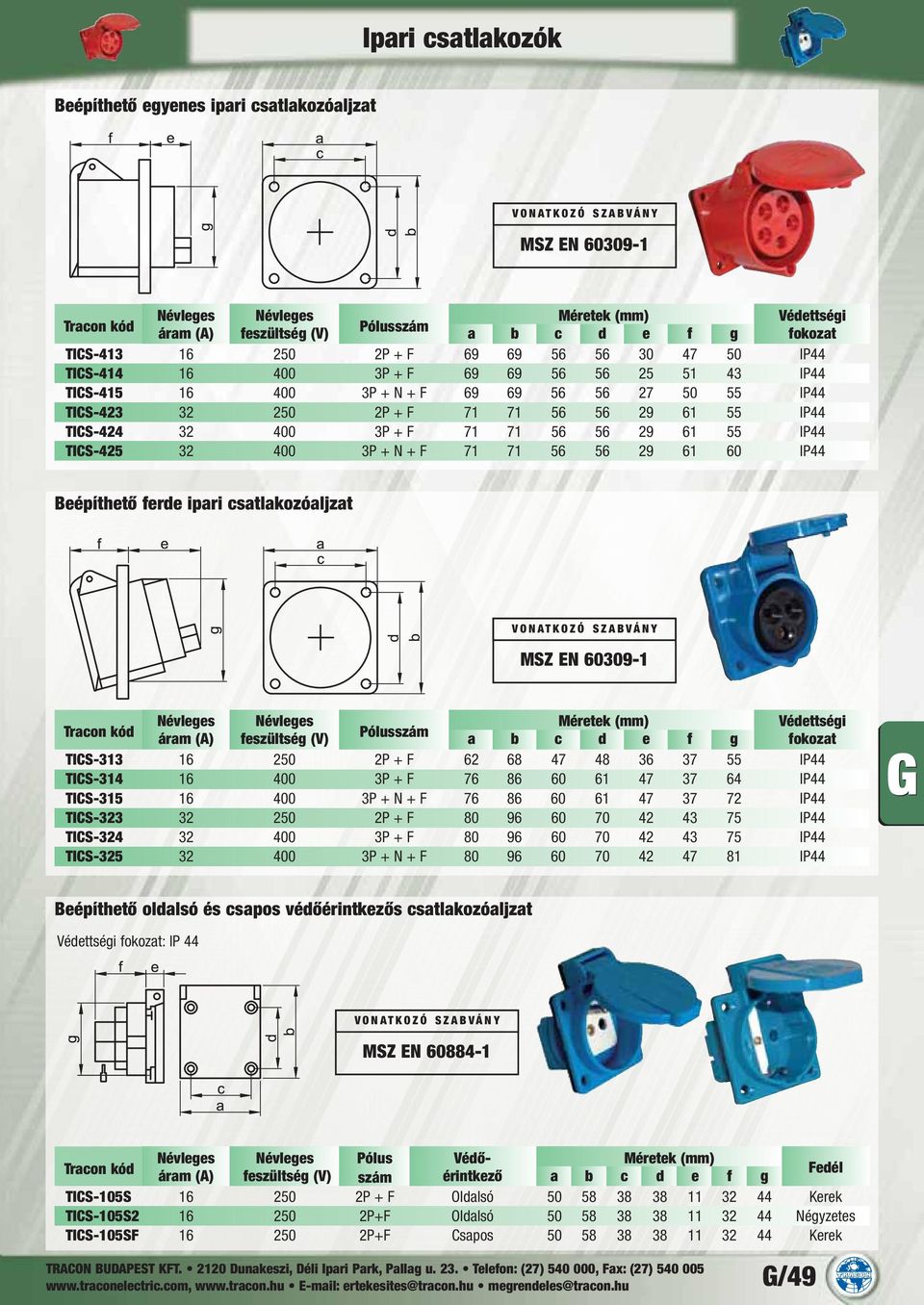 IP44 TICS-425 32 400 3P + N + F 71 71 56 56 29 61 60 IP44 Beépíthető ferde ipari csatlakozóaljzat MSZ EN 60309-1 Névleges Névleges Méretek (mm) Védettségi áram (A) feszültség (V) Pólusszám a b c d e