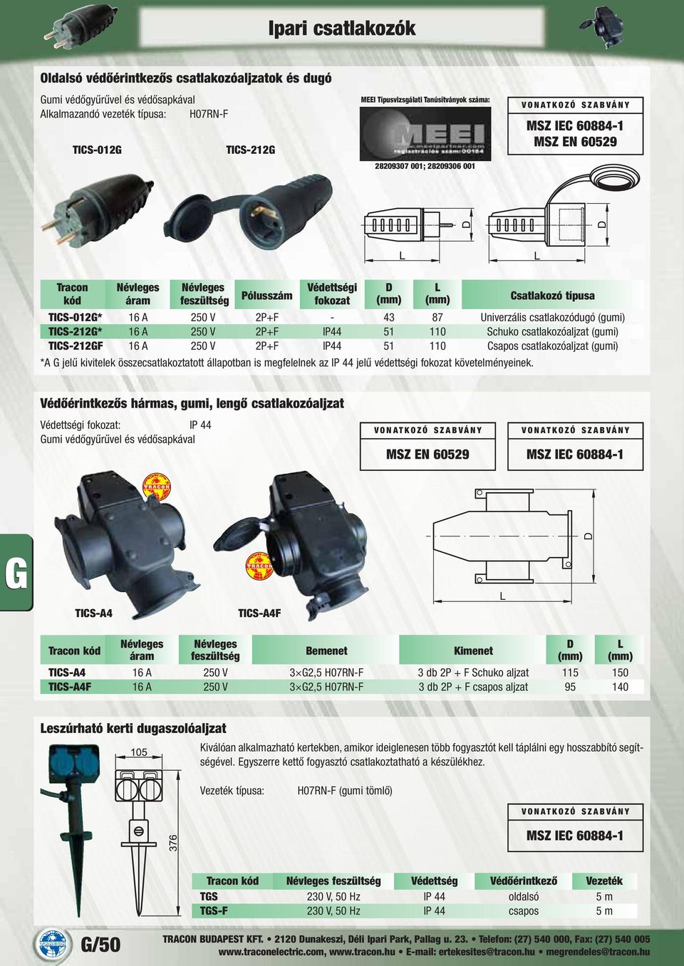 16 A 250 V 2P+F IP44 51 110 Schuko csatlakozóaljzat (gumi) TICS-212GF 16 A 250 V 2P+F IP44 51 110 Csapos csatlakozóaljzat (gumi) *A G jelű kivitelek összecsatlakoztatott állapotban is megfelelnek az