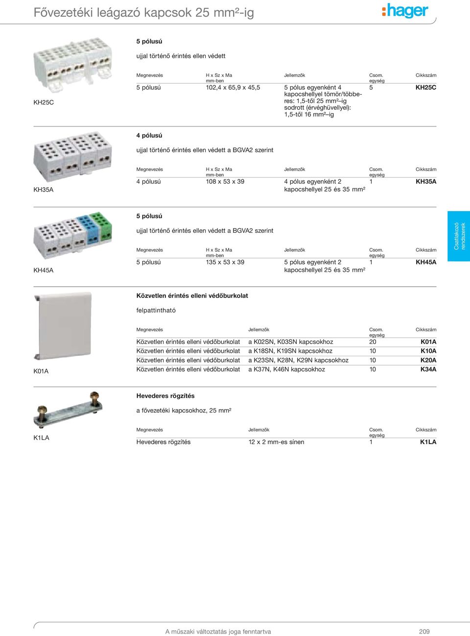 KH45A ujjal történő érintés ellen védett a BGVA2 szerint 5 pólusú 135 x 53 x 39 5 pólus egyenként 2 kapocshellyel 25 és 35 mm² 1 KH45A Csatlakozó rendszerek Közvetlen érintés elleni védőburkolat