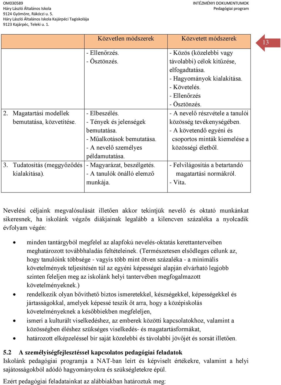 Közvetett módszerek - Közös (közelebbi vagy távolabbi) célok kitűzése, elfogadtatása. - Hagyományok kialakítása. - Követelés. - Ellenőrzés - Ösztönzés.