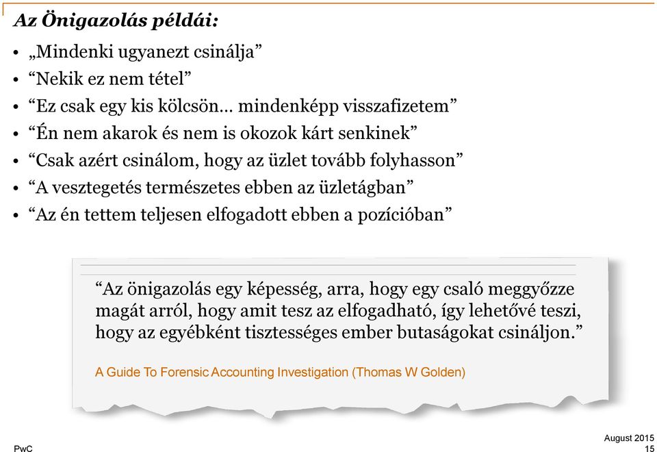 teljesen elfogadott ebben a pozícióban Az önigazolás egy képesség, arra, hogy egy csaló meggyőzze magát arról, hogy amit tesz az