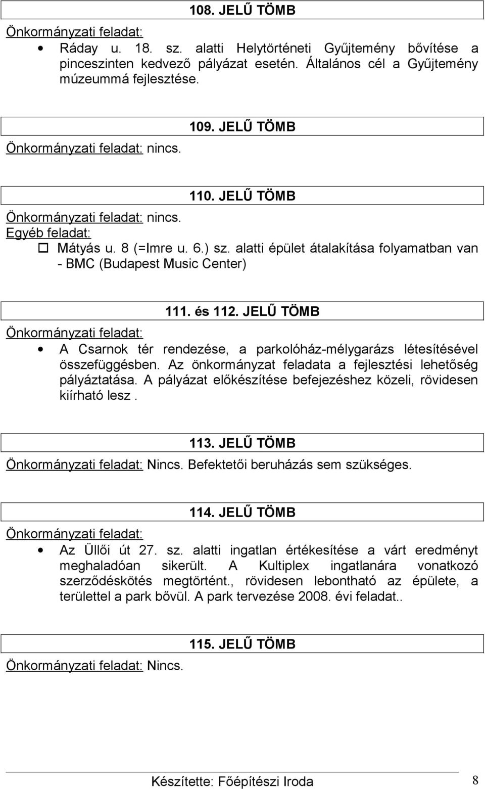 JELŰ TÖMB A Csarnok tér rendezése, a parkolóház-mélygarázs létesítésével összefüggésben. Az önkormányzat feladata a fejlesztési lehetőség pályáztatása.