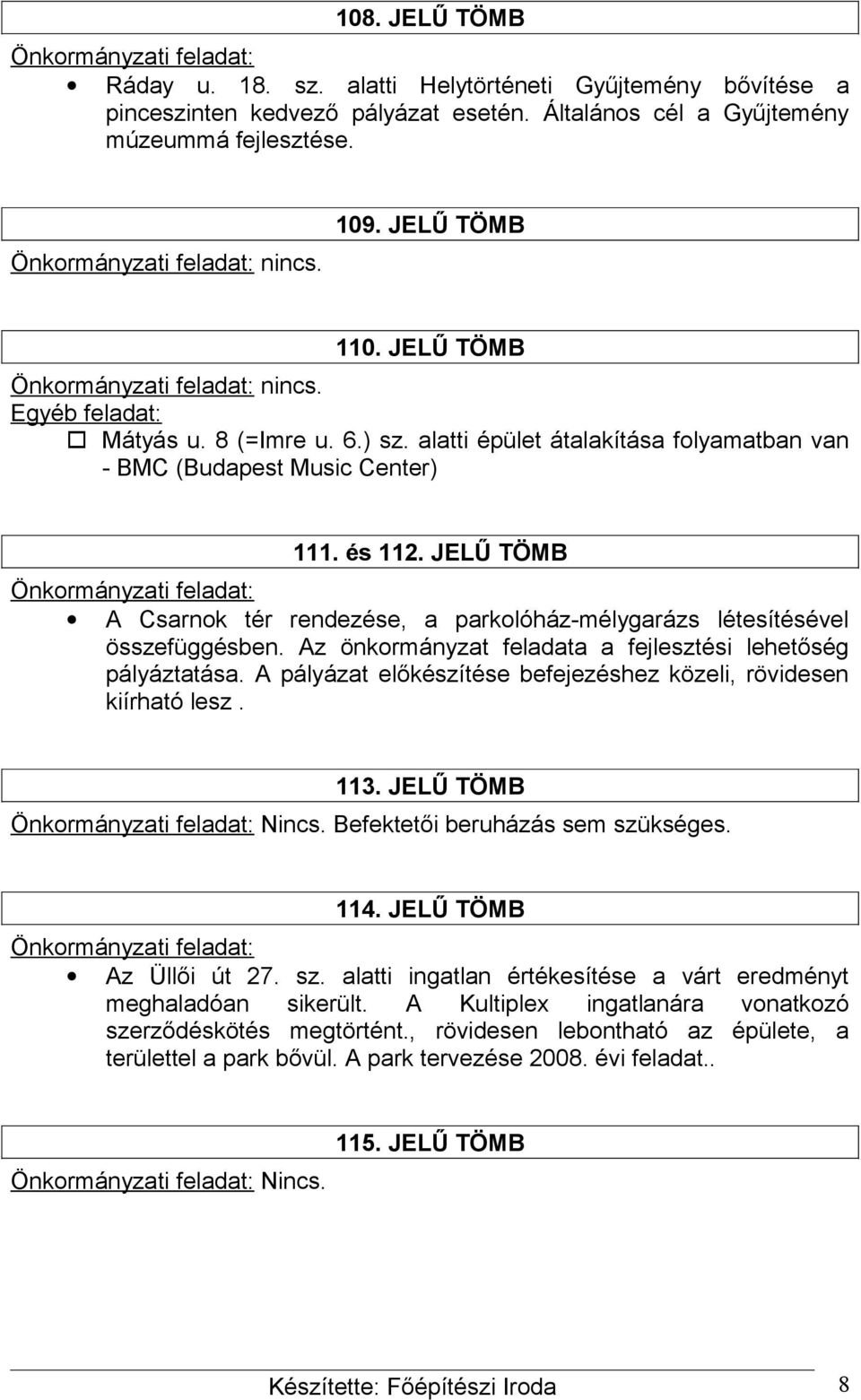 JELŰ TÖMB A Csarnok tér rendezése, a parkolóház-mélygarázs létesítésével összefüggésben. Az önkormányzat feladata a fejlesztési lehetőség pályáztatása.