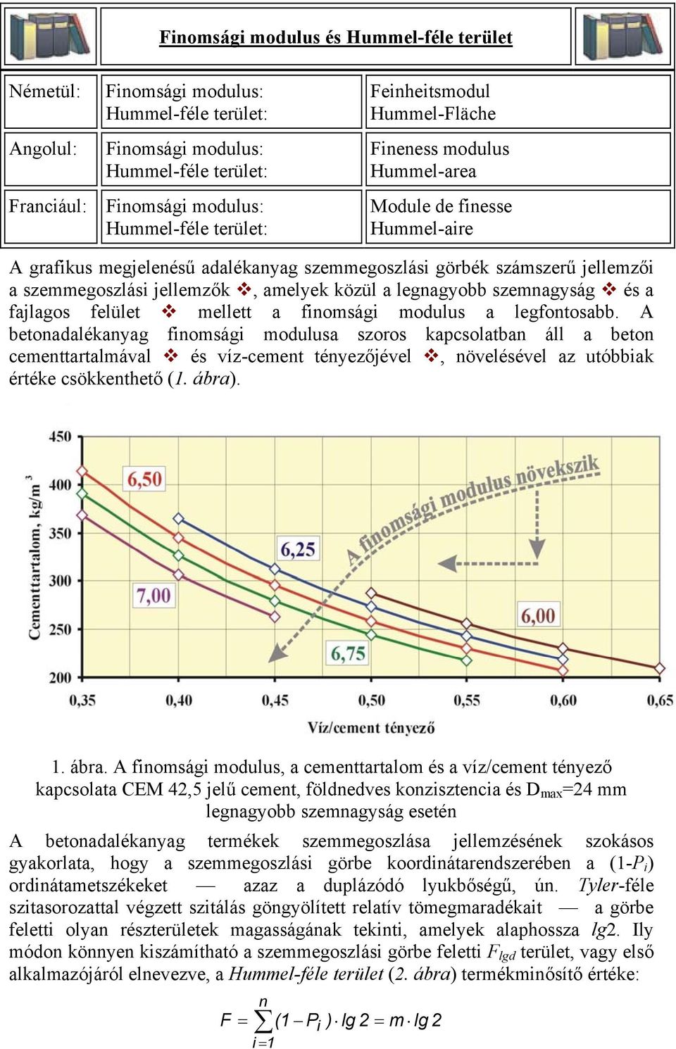 finomsági modulus a legfontosabb. A betonadalékanyag finomsági modulusa szoros kapcsolatban áll a beton cementtartalmával és víz-cement tényezőjével, növelésével az utóbbiak értéke csökkenthető (1.